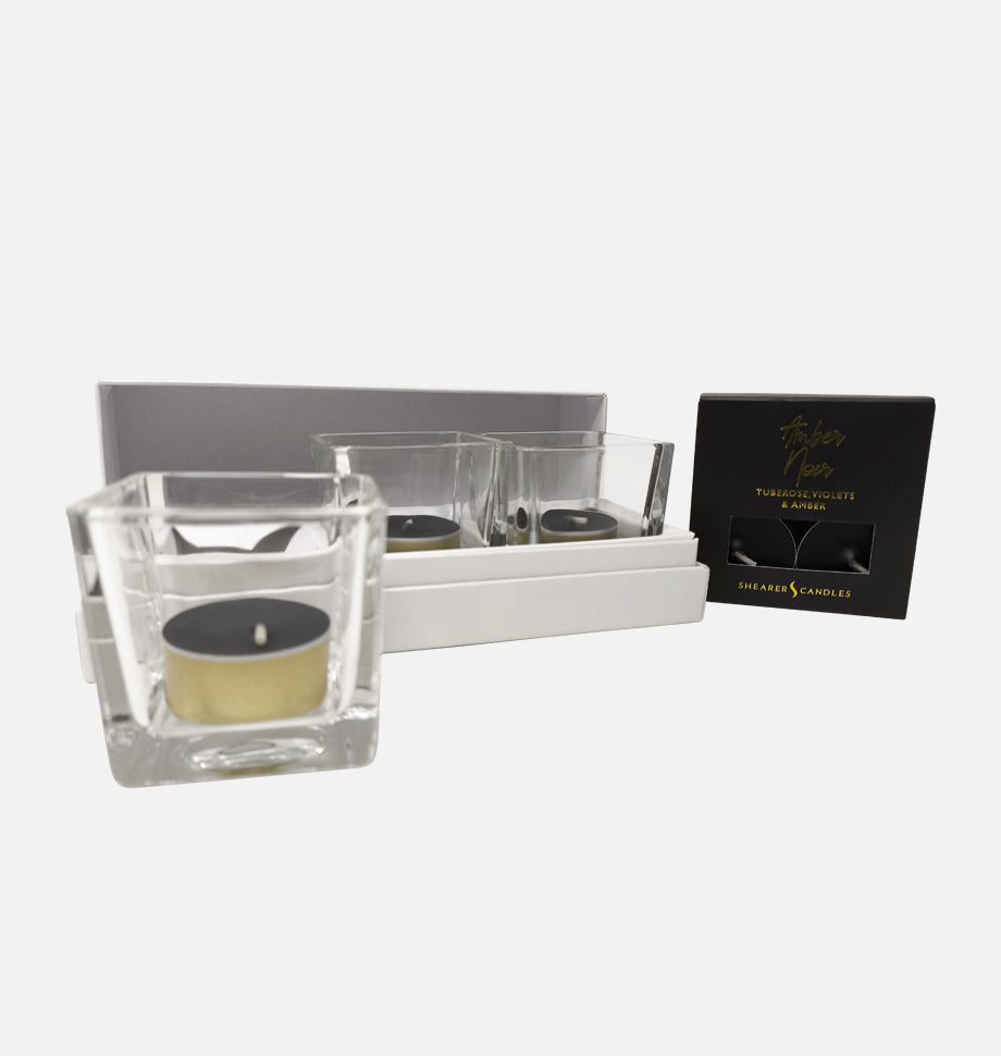 Amber Noir Tealights and Glasses Set in Gift Box - Shearer Candles