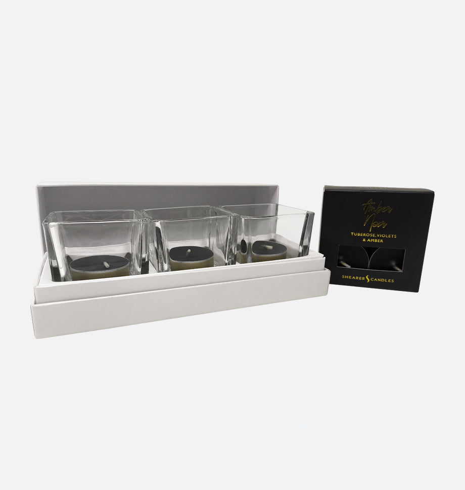 Amber Noir Tealights and Glasses Set in Gift Box - Shearer Candles