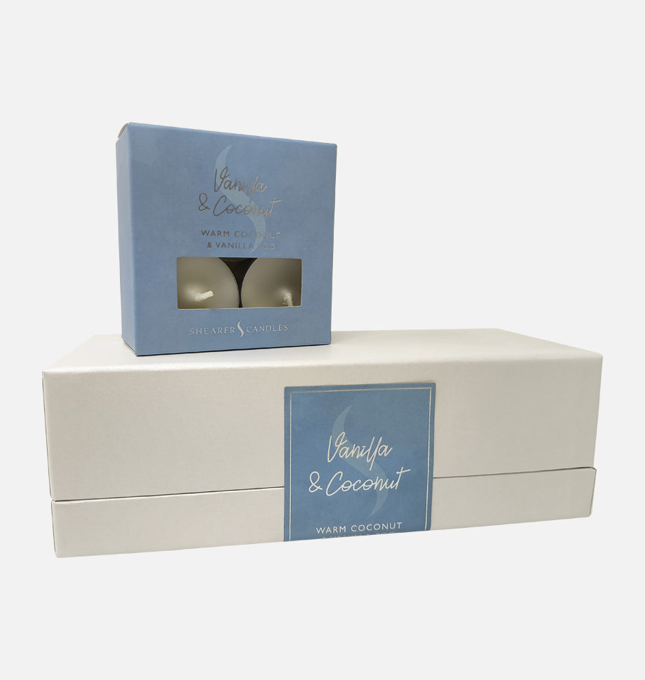 Vanilla and Coconut Tealights and Glasses Set in Gift Box - Shearer Candles