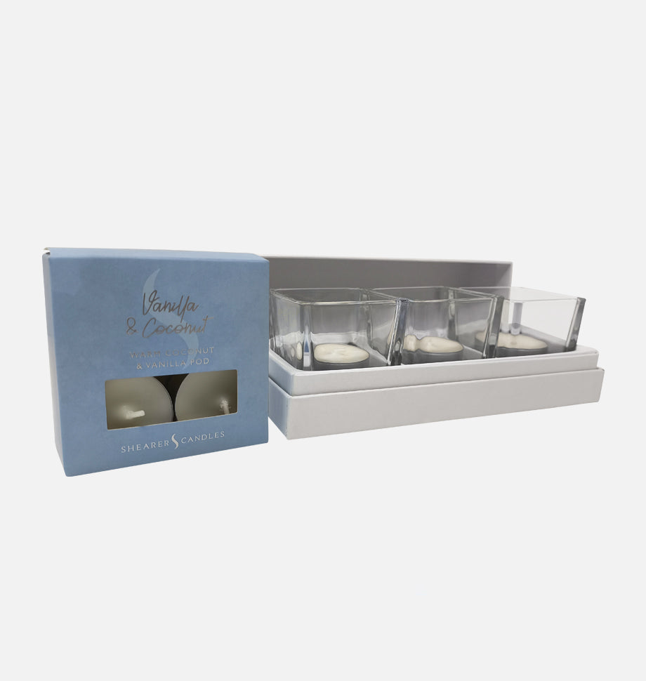 Vanilla and Coconut Tealights and Glasses Set in Gift Box - Shearer Candles