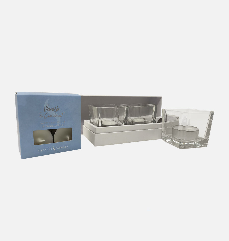 Vanilla and Coconut Tealights and Glasses Set in Gift Box - Shearer Candles